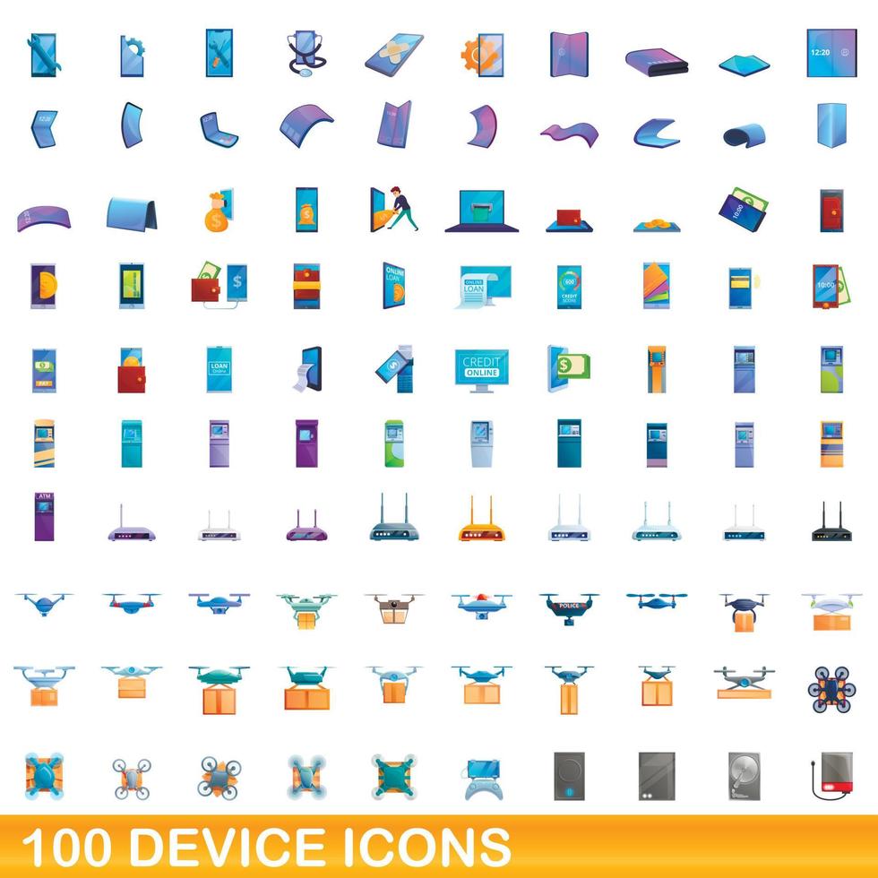 100 device icons set, cartoon style vector