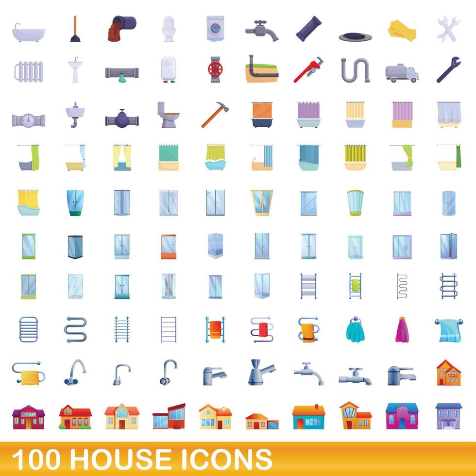 100 house icons set, cartoon style vector