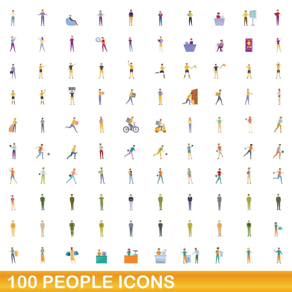 100 people icons set, cartoon style vector