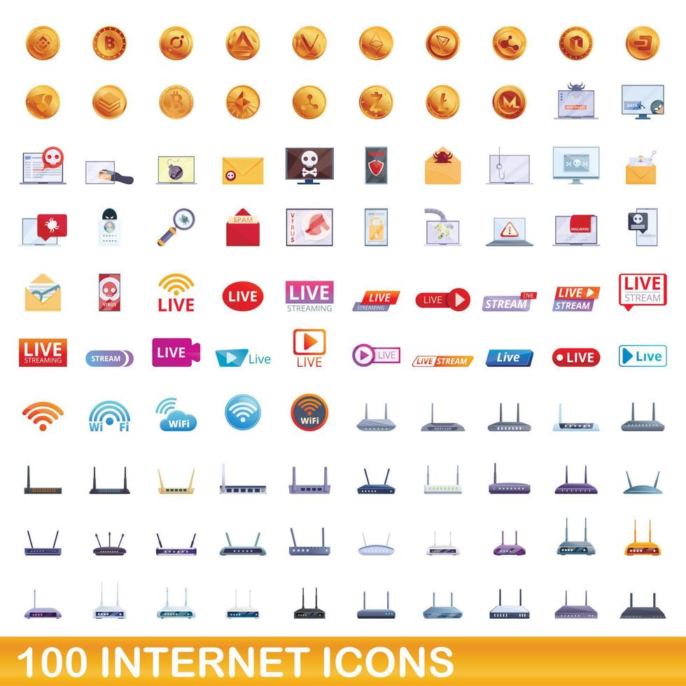 100 internet icons set, cartoon style vector