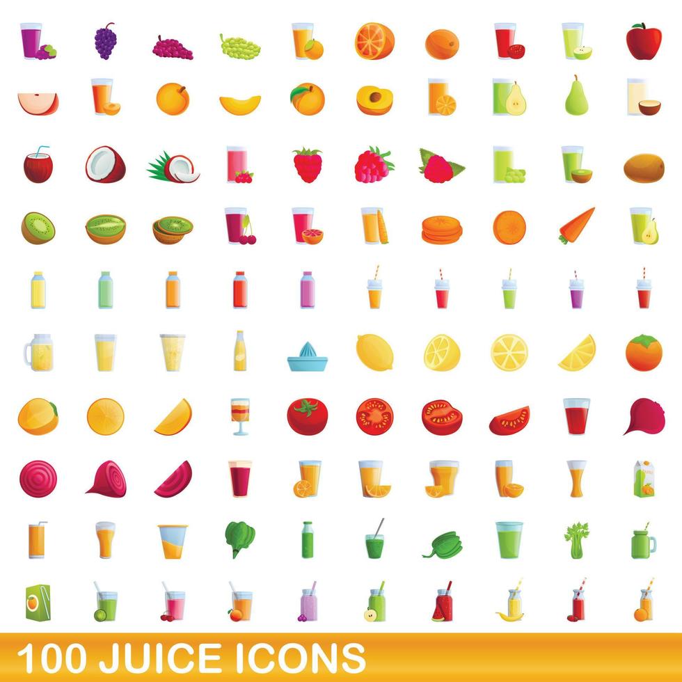 100 juice icons set, cartoon style vector