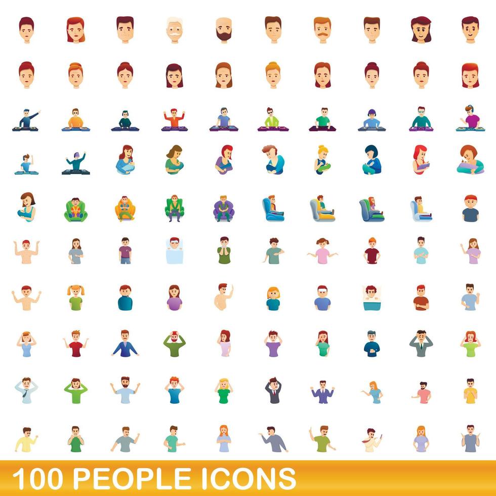 100 people icons set, cartoon style vector