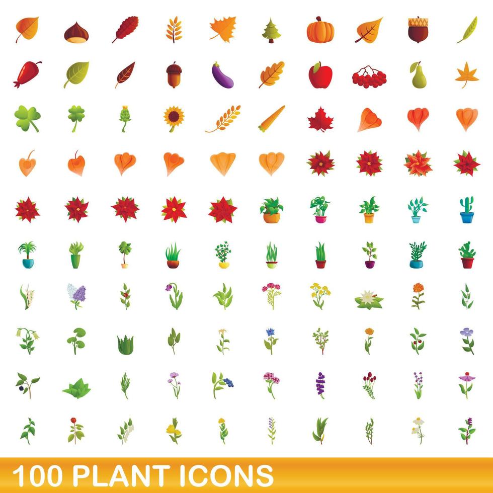 100 plant icons set, cartoon style vector