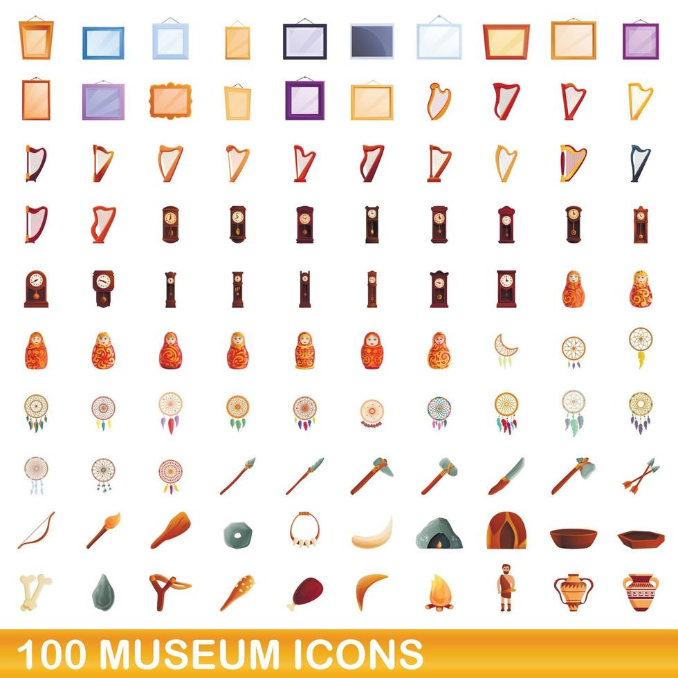 100 museum icons set, cartoon style vector