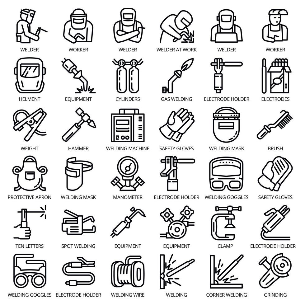 Welder equipment icon set, outline style vector