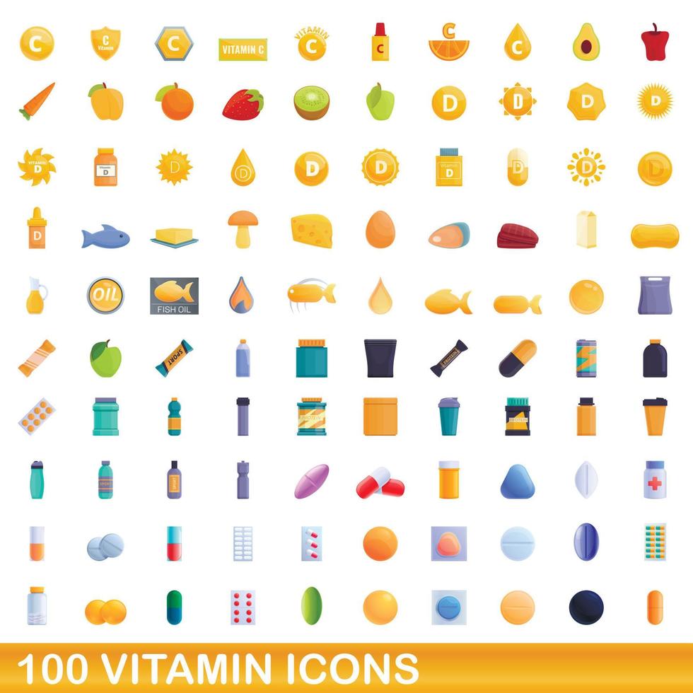 100 vitamin icons set, cartoon style vector