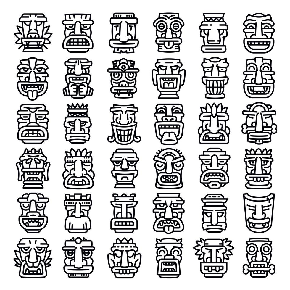 Tiki idols icons set, outline style vector