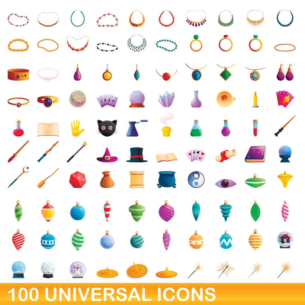 100 iconos universales, estilo de dibujos animados vector