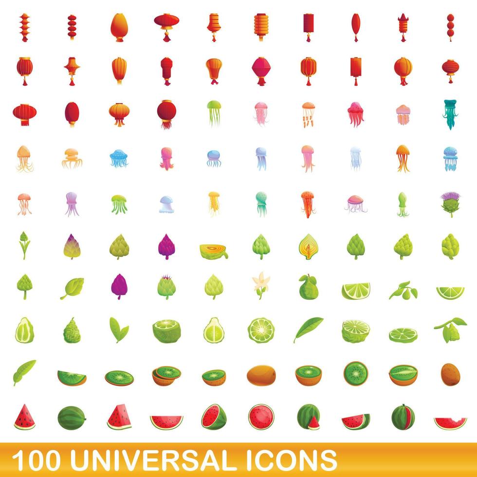100 universal icons set, cartoon style vector