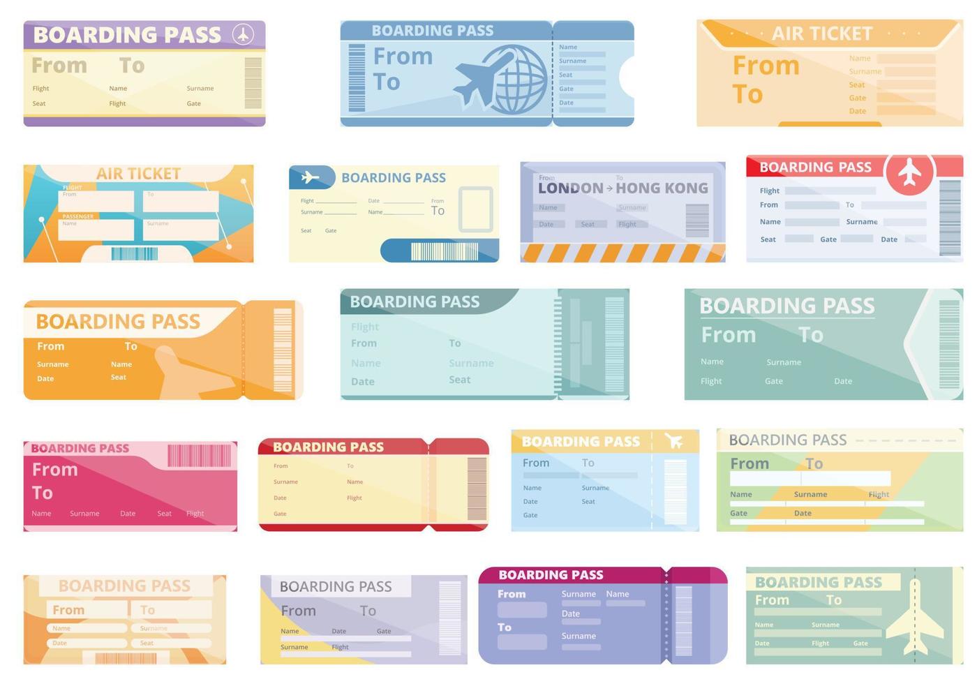 Airline tickets icons set, cartoon style vector