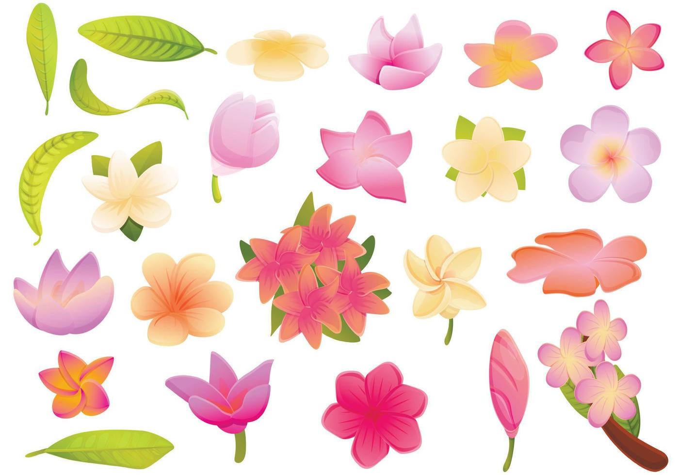 Plumeria, conjunto de iconos de estilo de dibujos animados vector