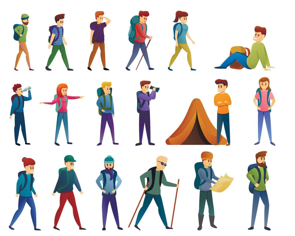 Hiking icons set, cartoon style vector