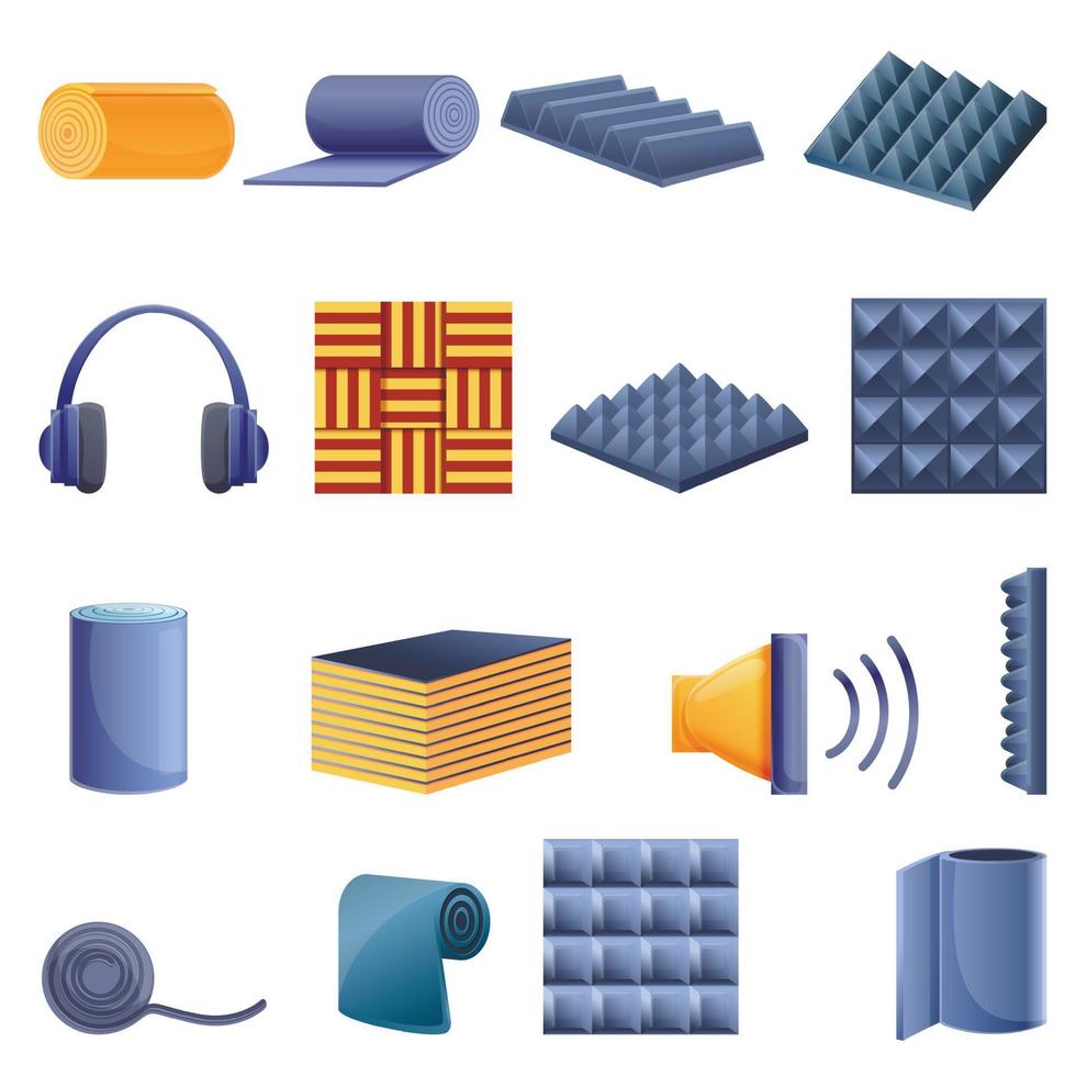 Soundproofing icons set, cartoon style vector