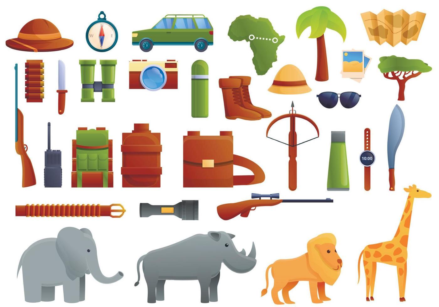 Safari equipment icons set, cartoon style vector