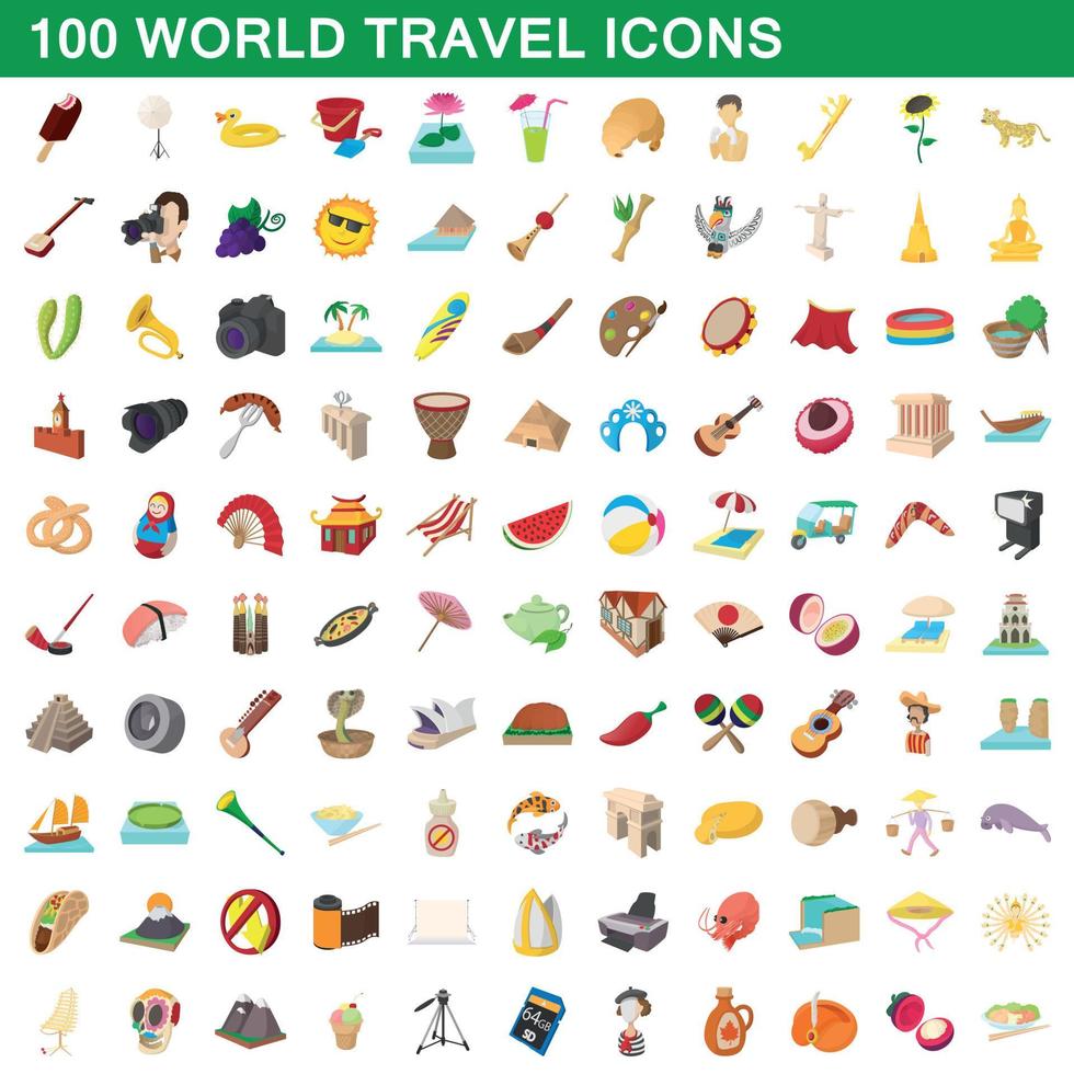 100 world travel icons set, cartoon style vector