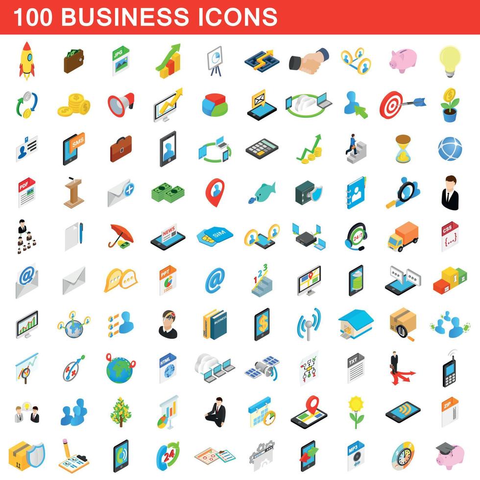 100 business icons set, isometric 3d style vector