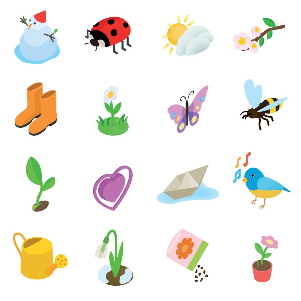 Spring elemets icons set, isometric 3d style vector