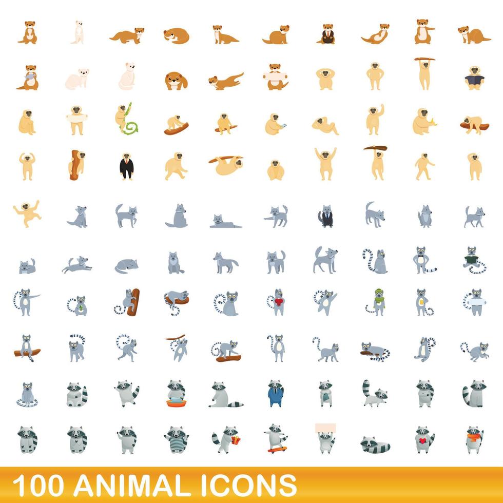 100 animal icons set, cartoon style vector