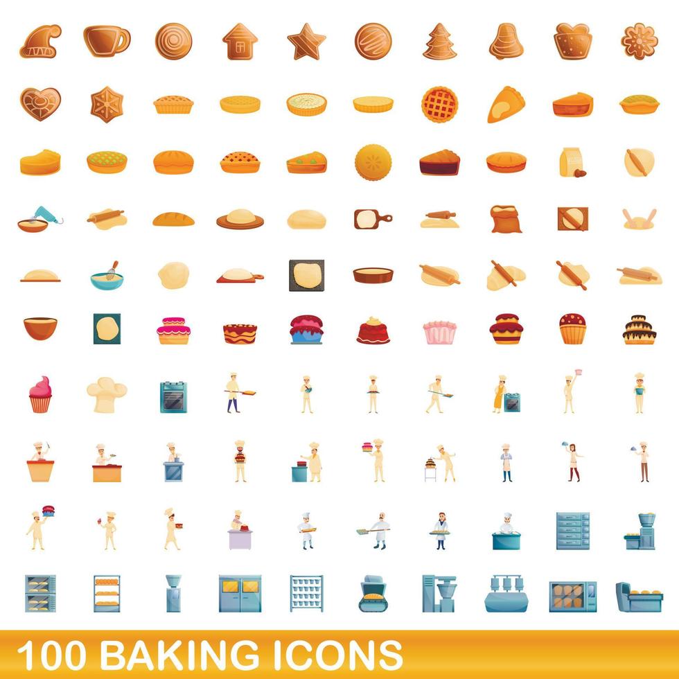 100 iconos para hornear, estilo de dibujos animados vector