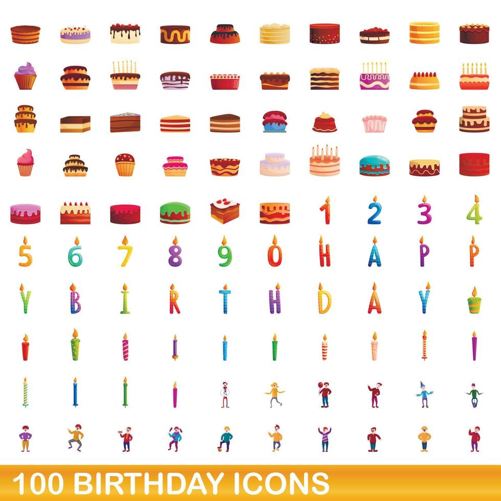 100 birthday icons set, cartoon style vector