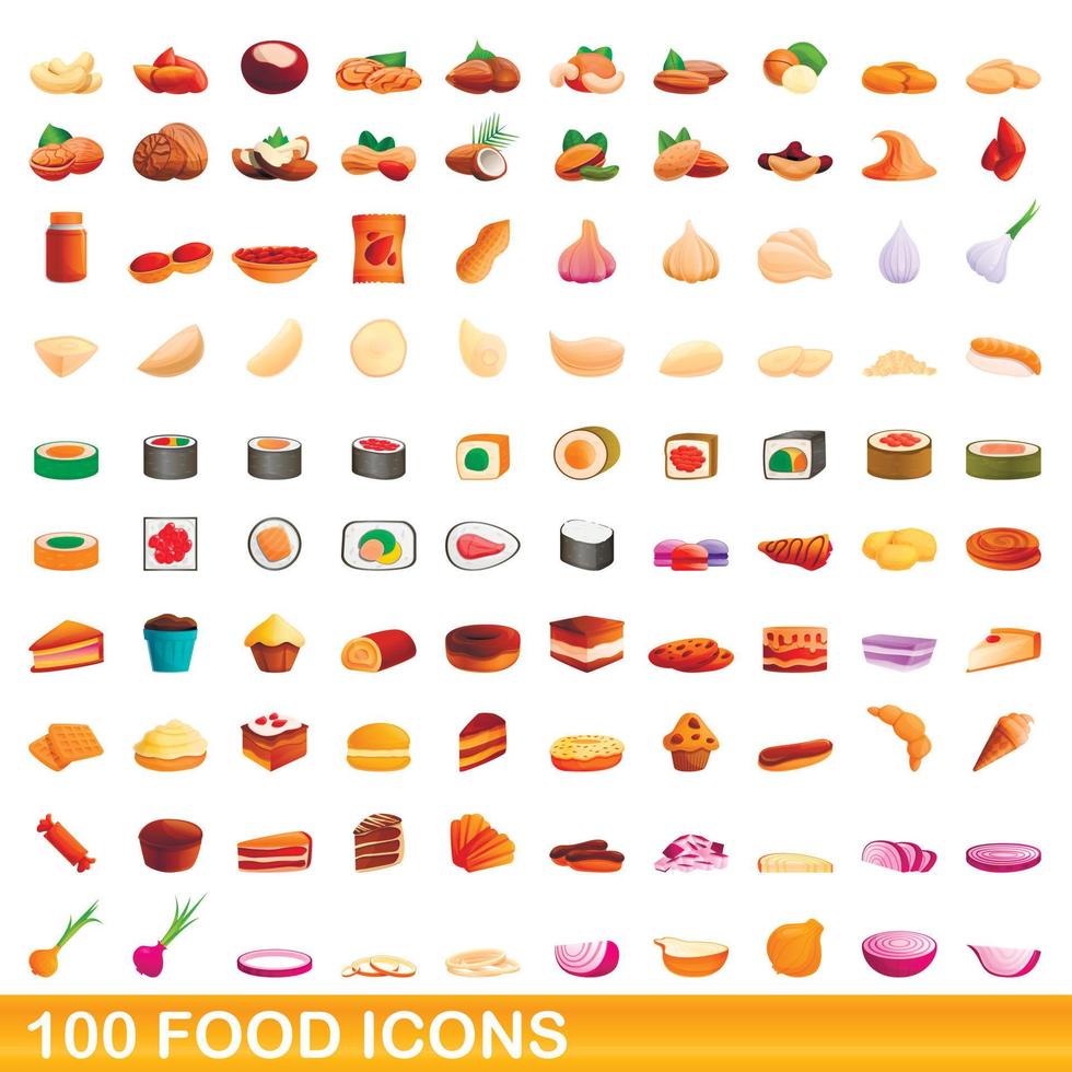 100 food icons set, cartoon style vector