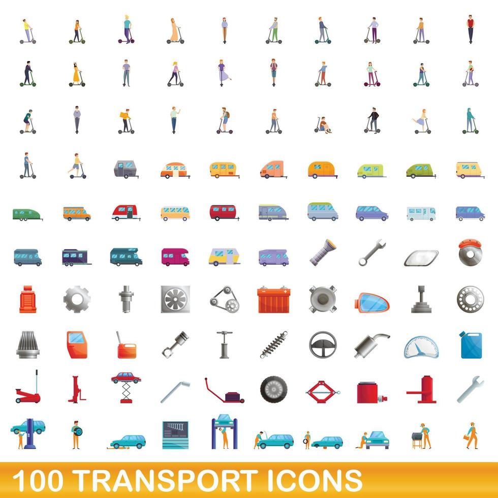 100 transport icons set, cartoon style vector