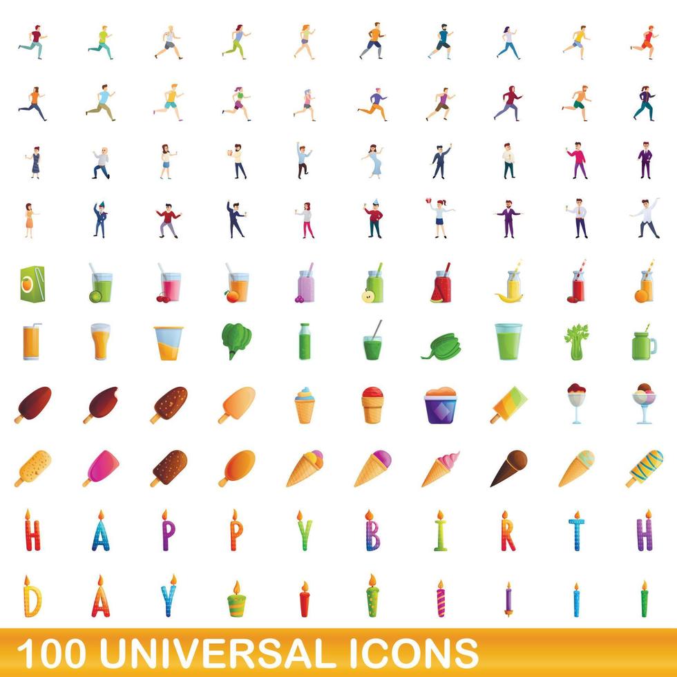 100 iconos universales, estilo de dibujos animados vector