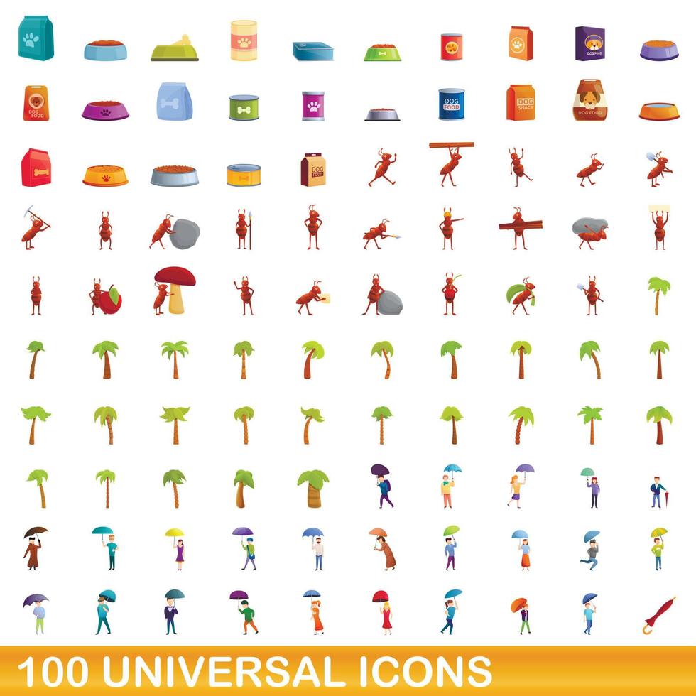 100 universal icons set, cartoon style vector