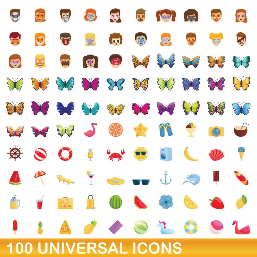 100 universal icons set, cartoon style vector