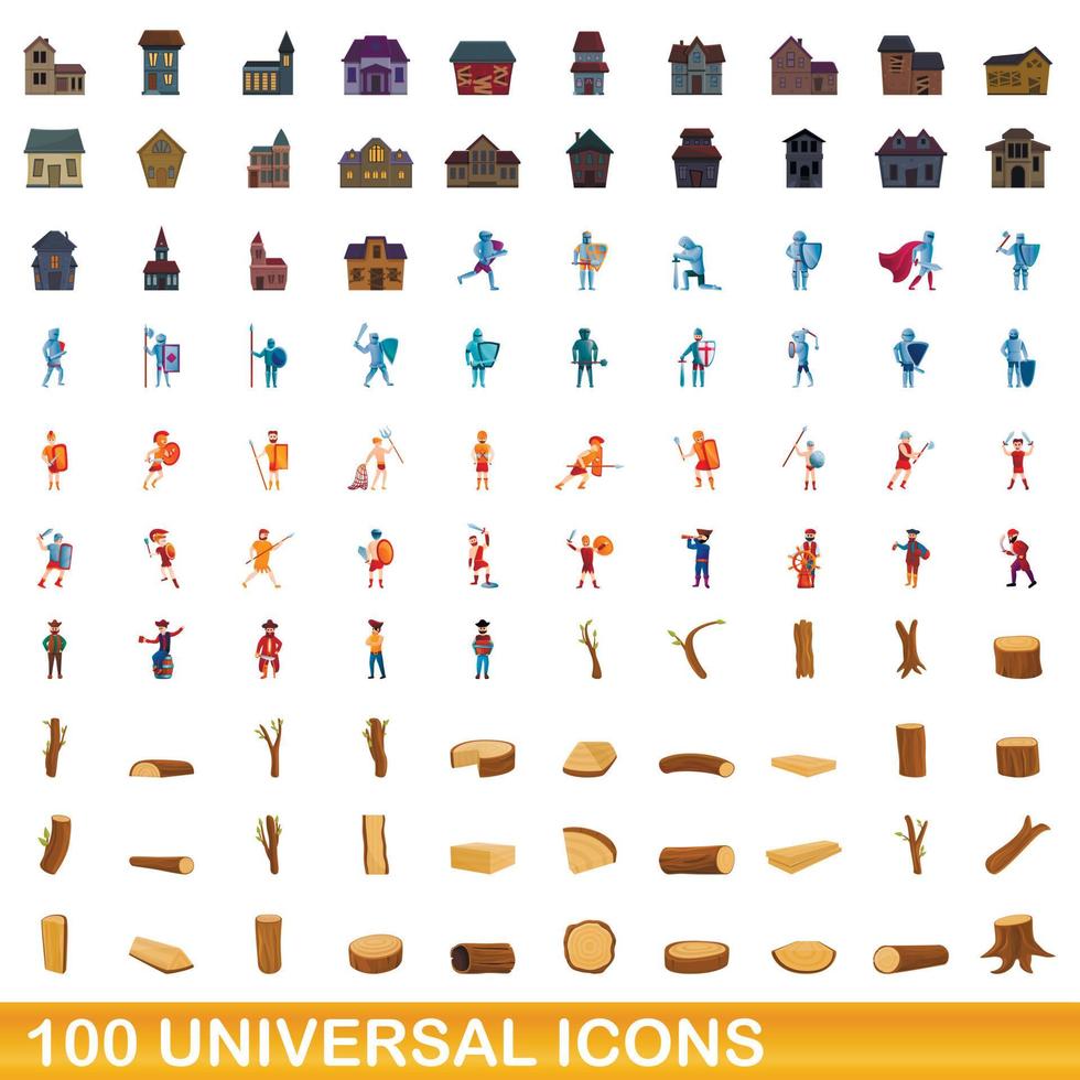 100 universal icons set, cartoon style vector