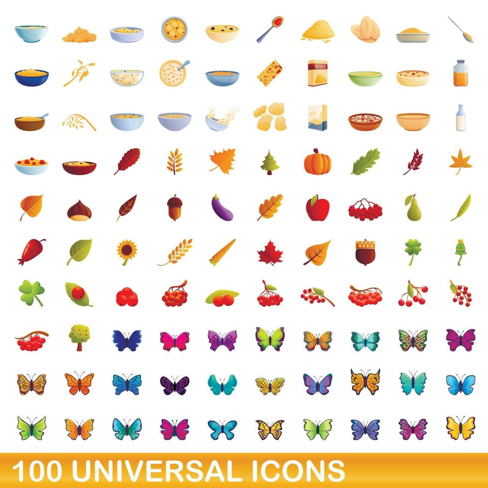 100 universal icons set, cartoon style vector
