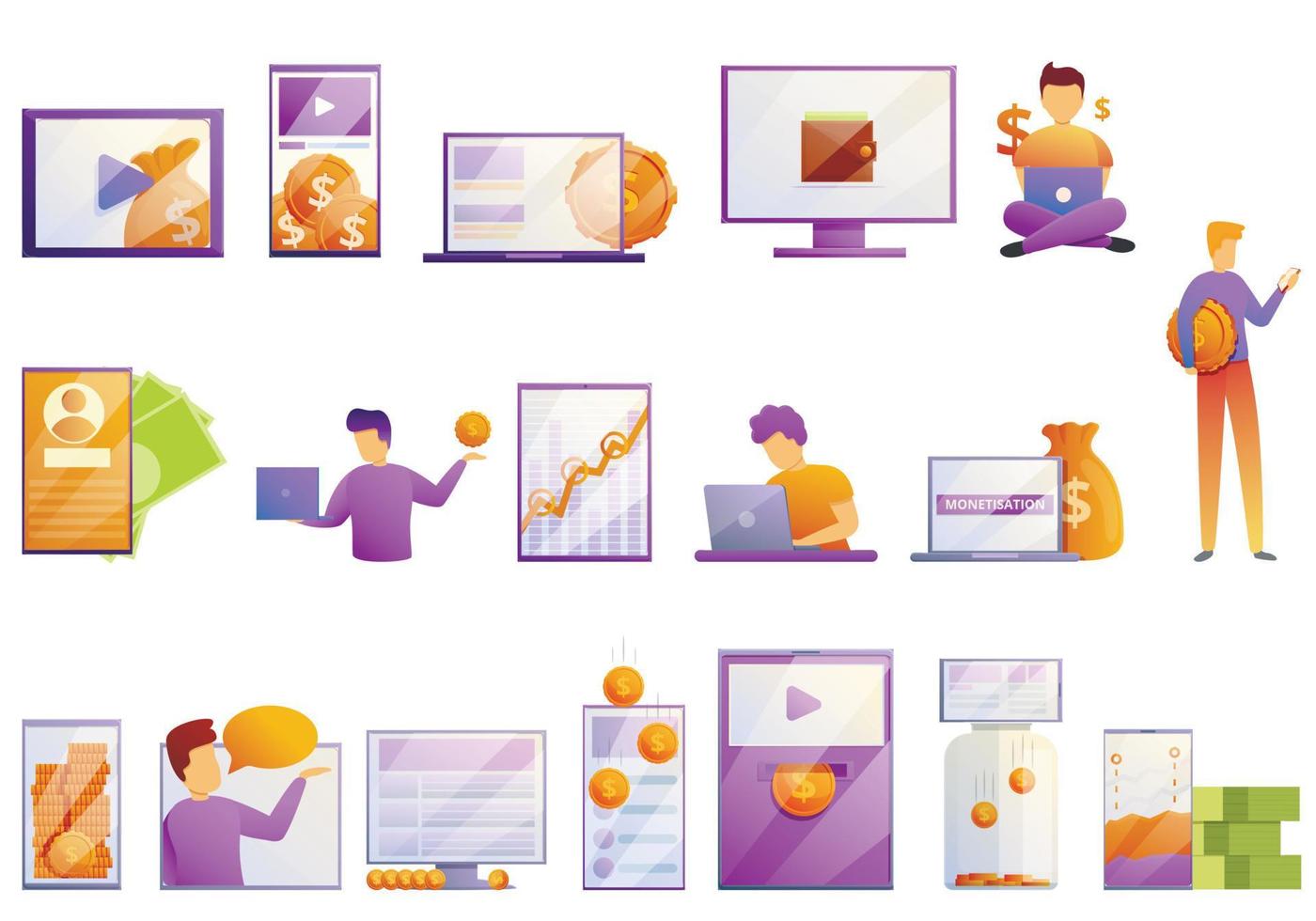 Monetization icons set, cartoon style vector