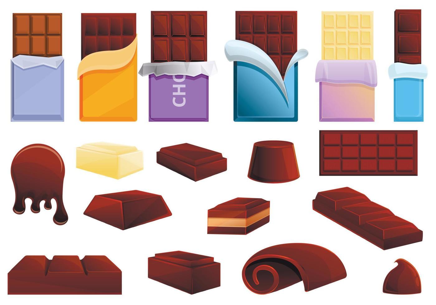 Chocolate icons set, cartoon style vector