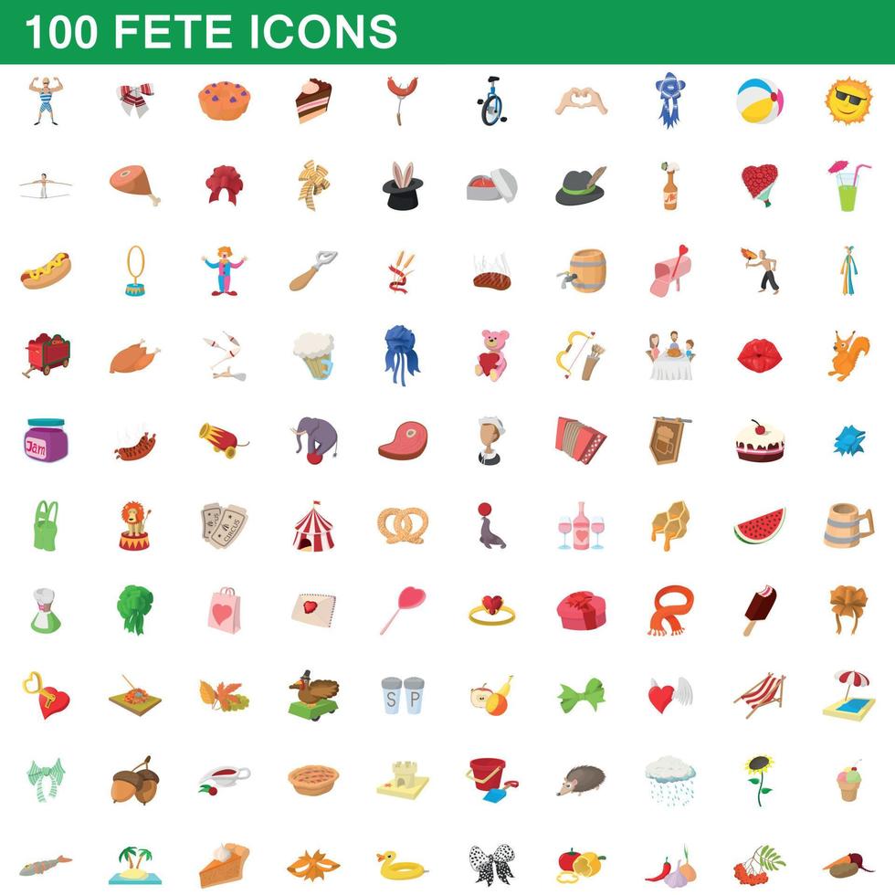 100 fete icons set, cartoon style vector