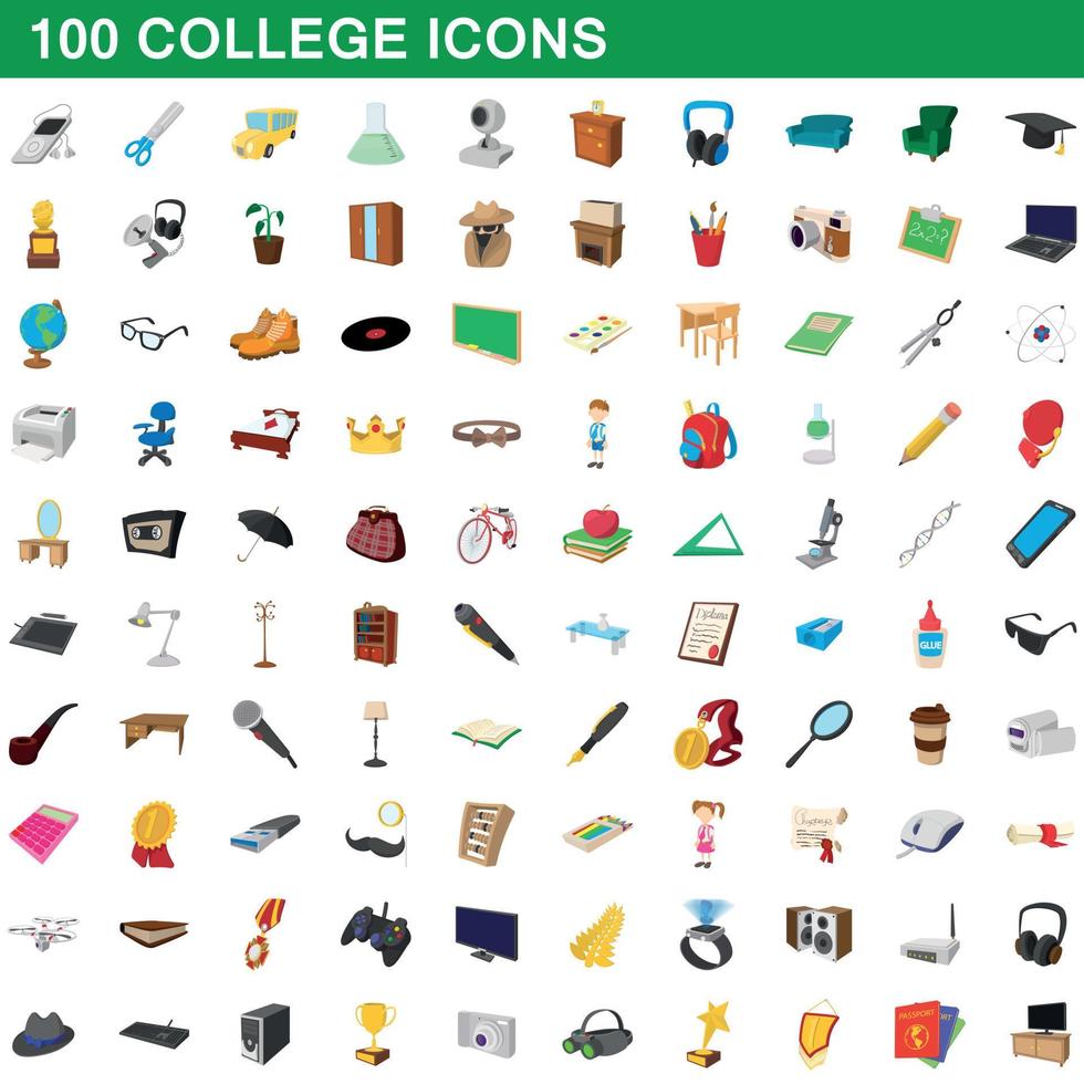 100 college icons set, cartoon style vector