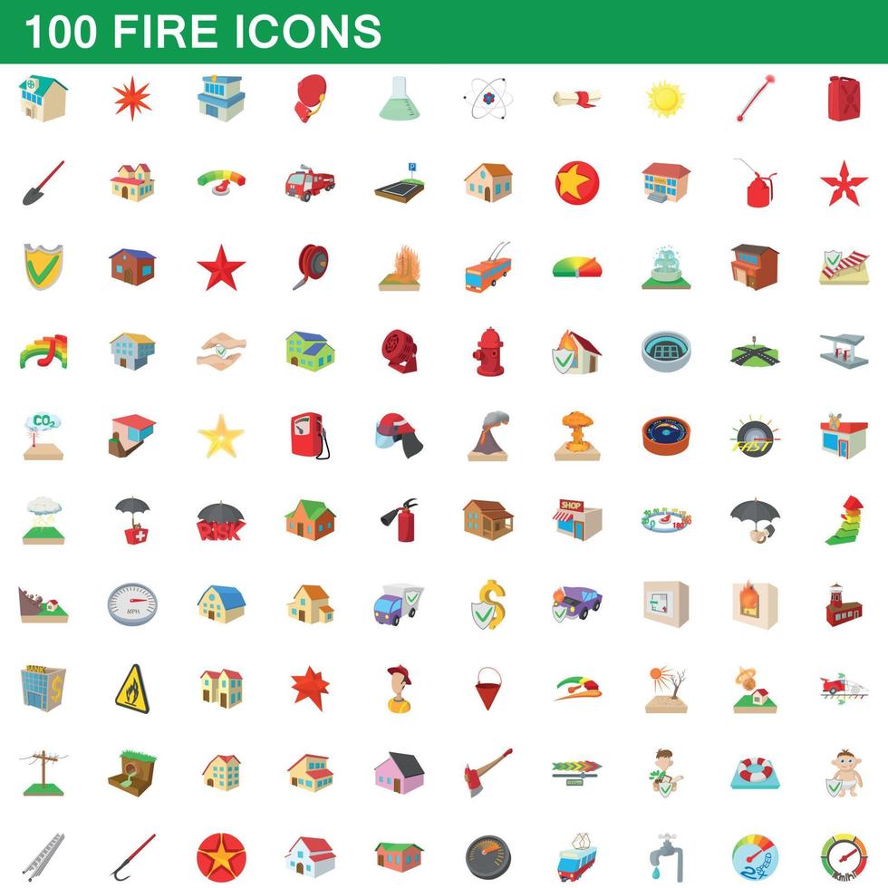 100 iconos de fuego, estilo de dibujos animados vector