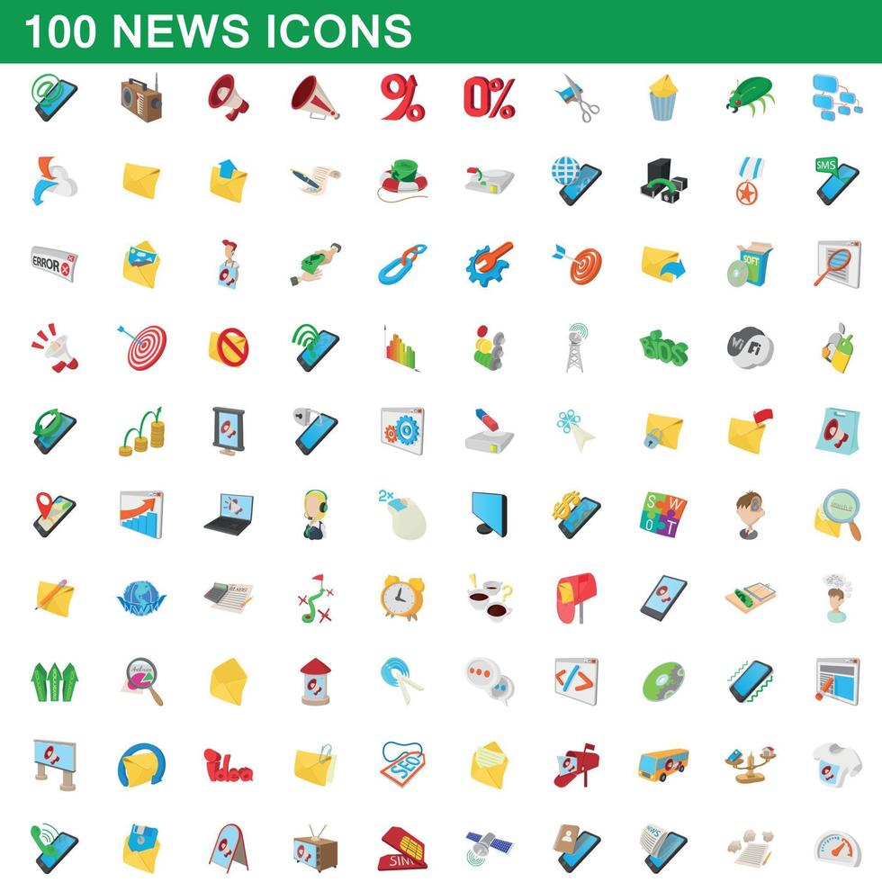 100 noticias, conjunto de iconos de estilo de dibujos animados vector