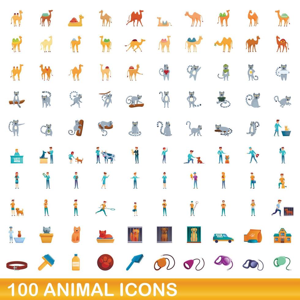 100 animales, conjunto de iconos de estilo de dibujos animados vector