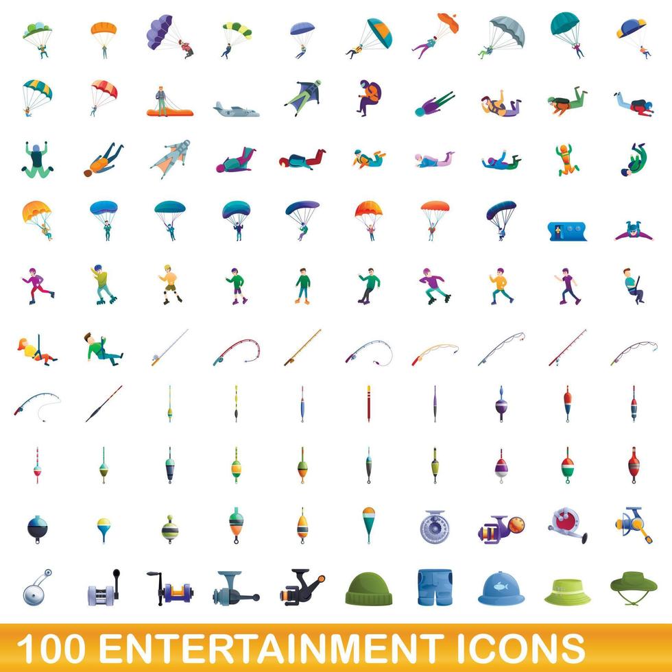 100 entertainment icons set, cartoon style vector