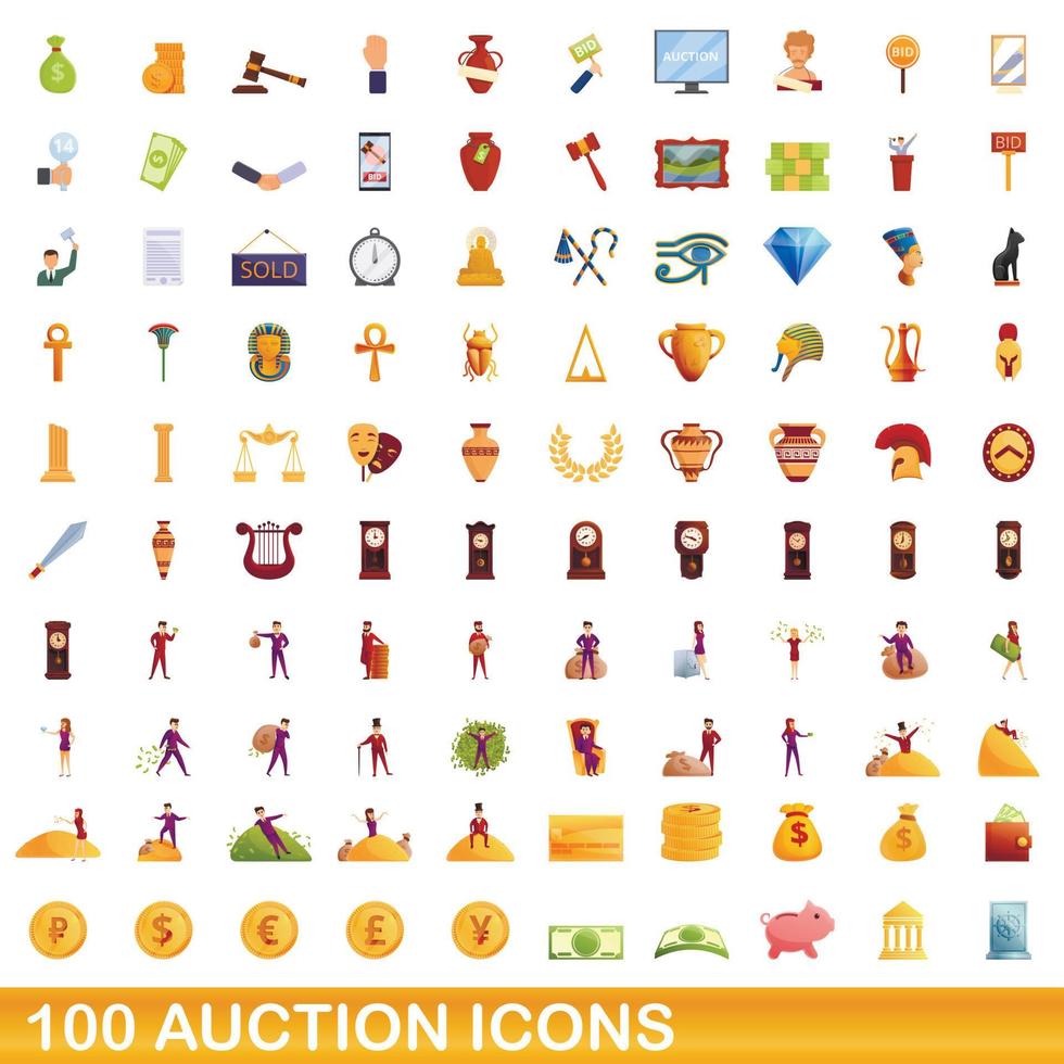 100 iconos de subasta, estilo de dibujos animados vector