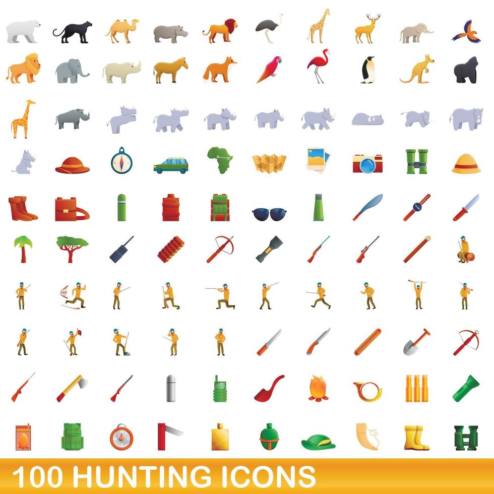 100 iconos de caza, estilo de dibujos animados vector