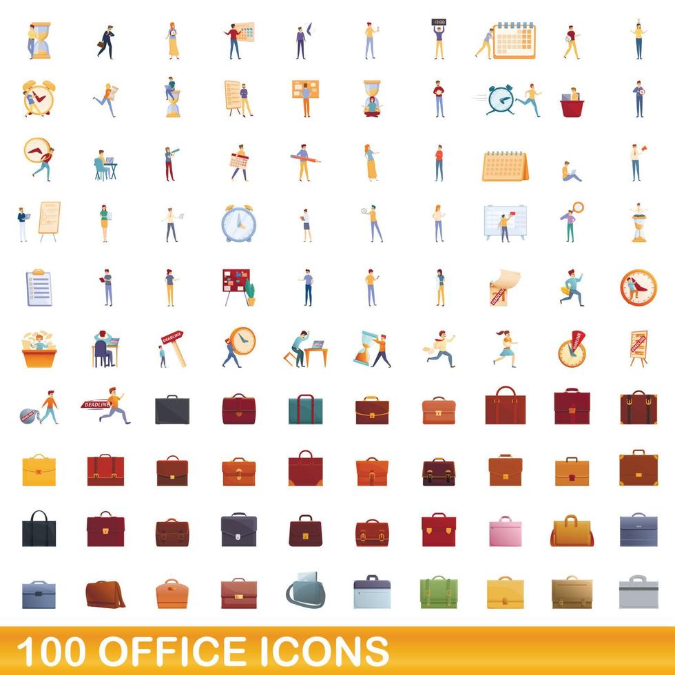 100 office icons set, cartoon style vector