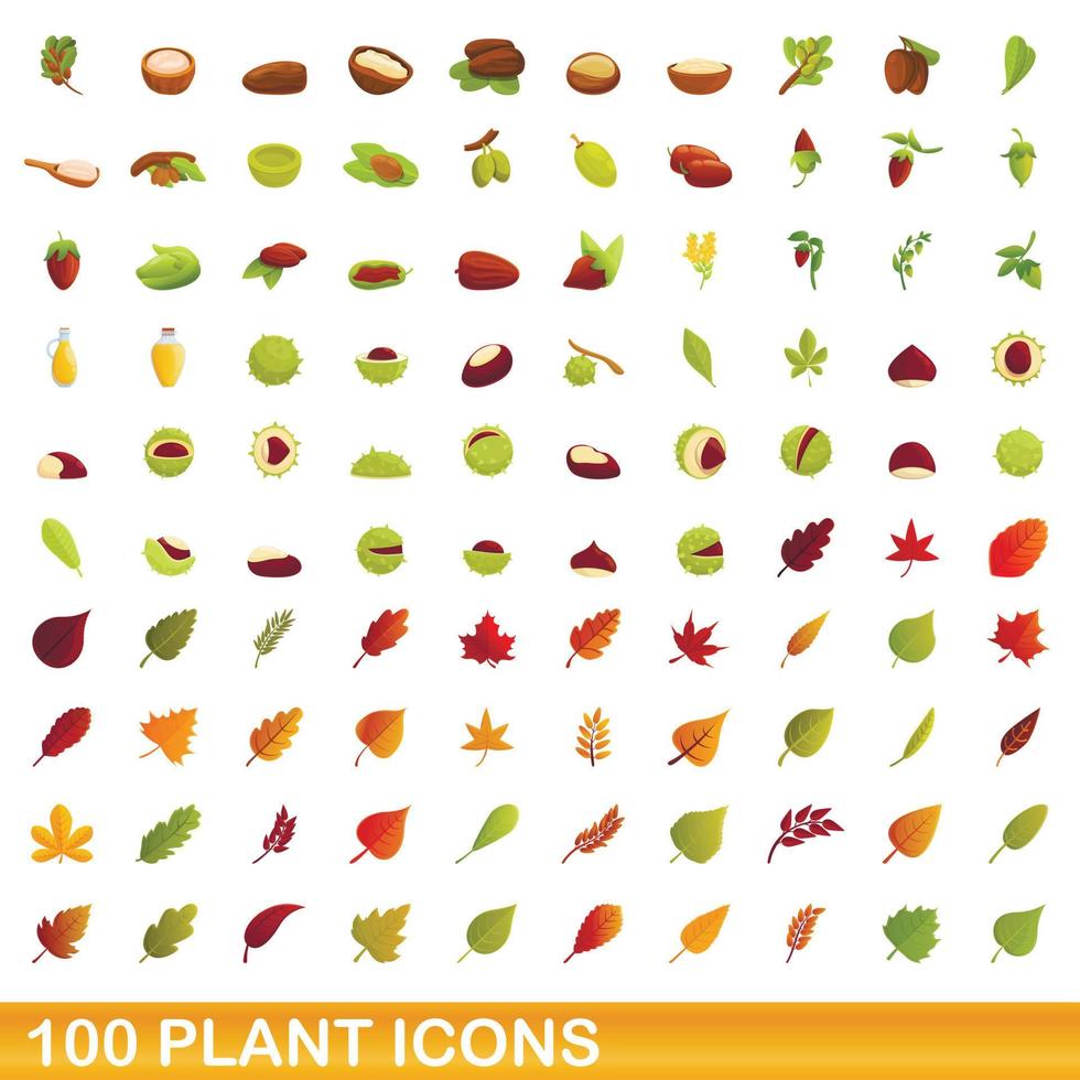 100 plant icons set, cartoon style vector