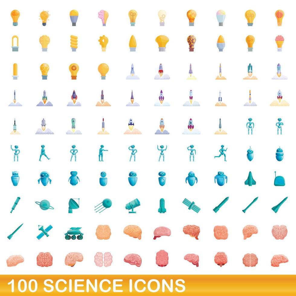 100 science icons set, cartoon style vector