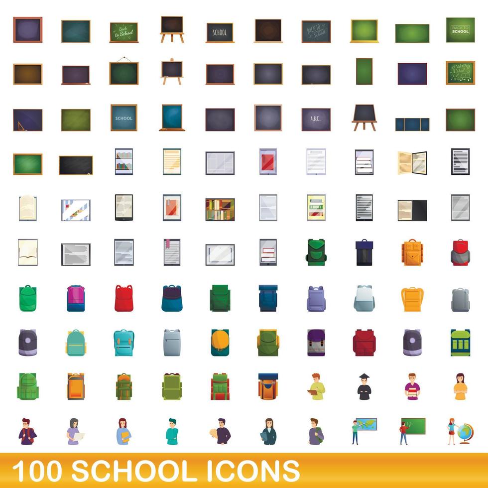 100 school icons set, cartoon style vector