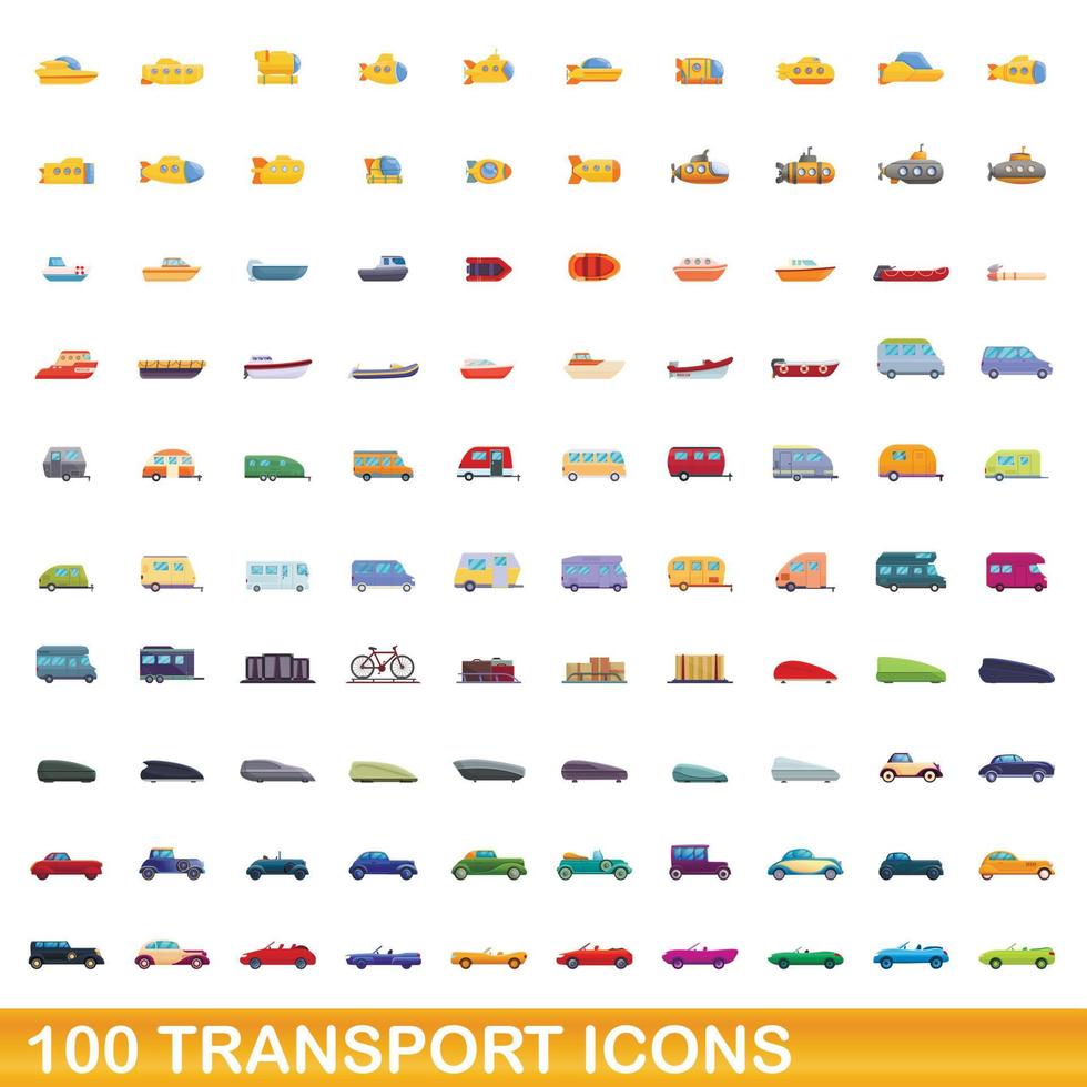 100 transport icons set, cartoon style vector