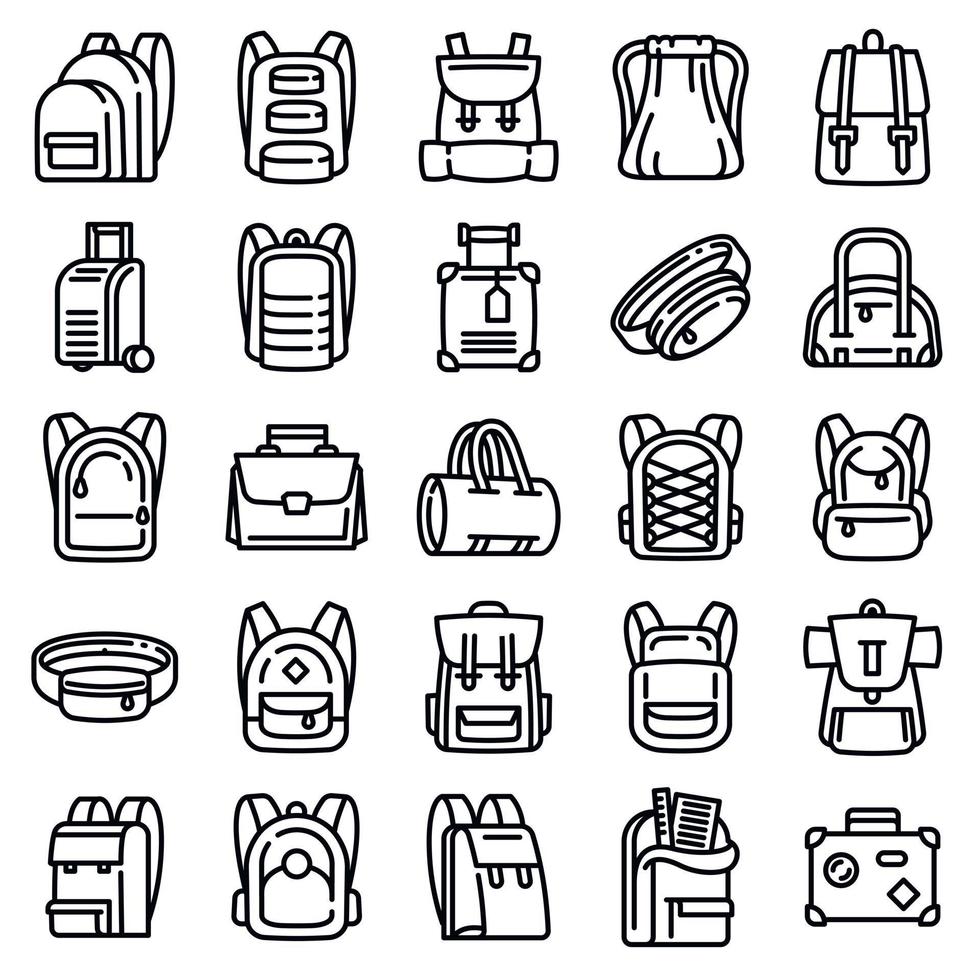 Backpack icons set, outline style vector