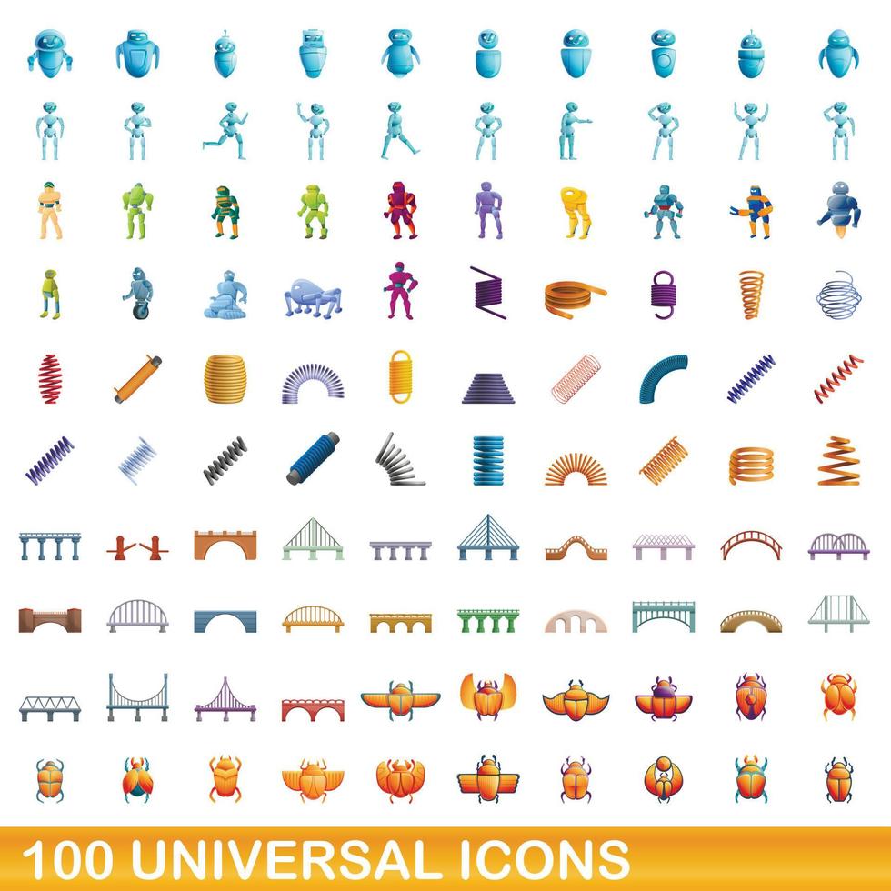 100 universal icons set, cartoon style vector