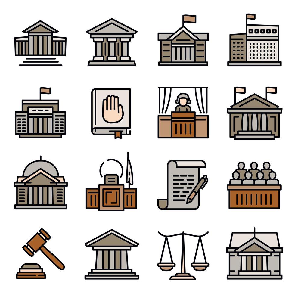 juego de iconos de palacio de justicia, estilo de esquema vector