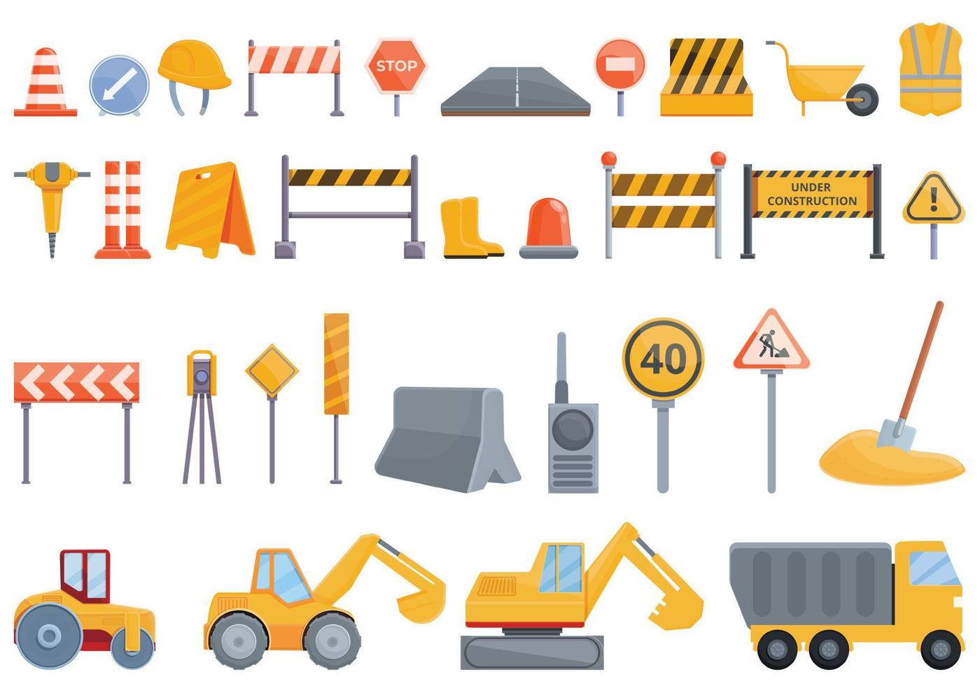 Highway construction icons set, cartoon style vector